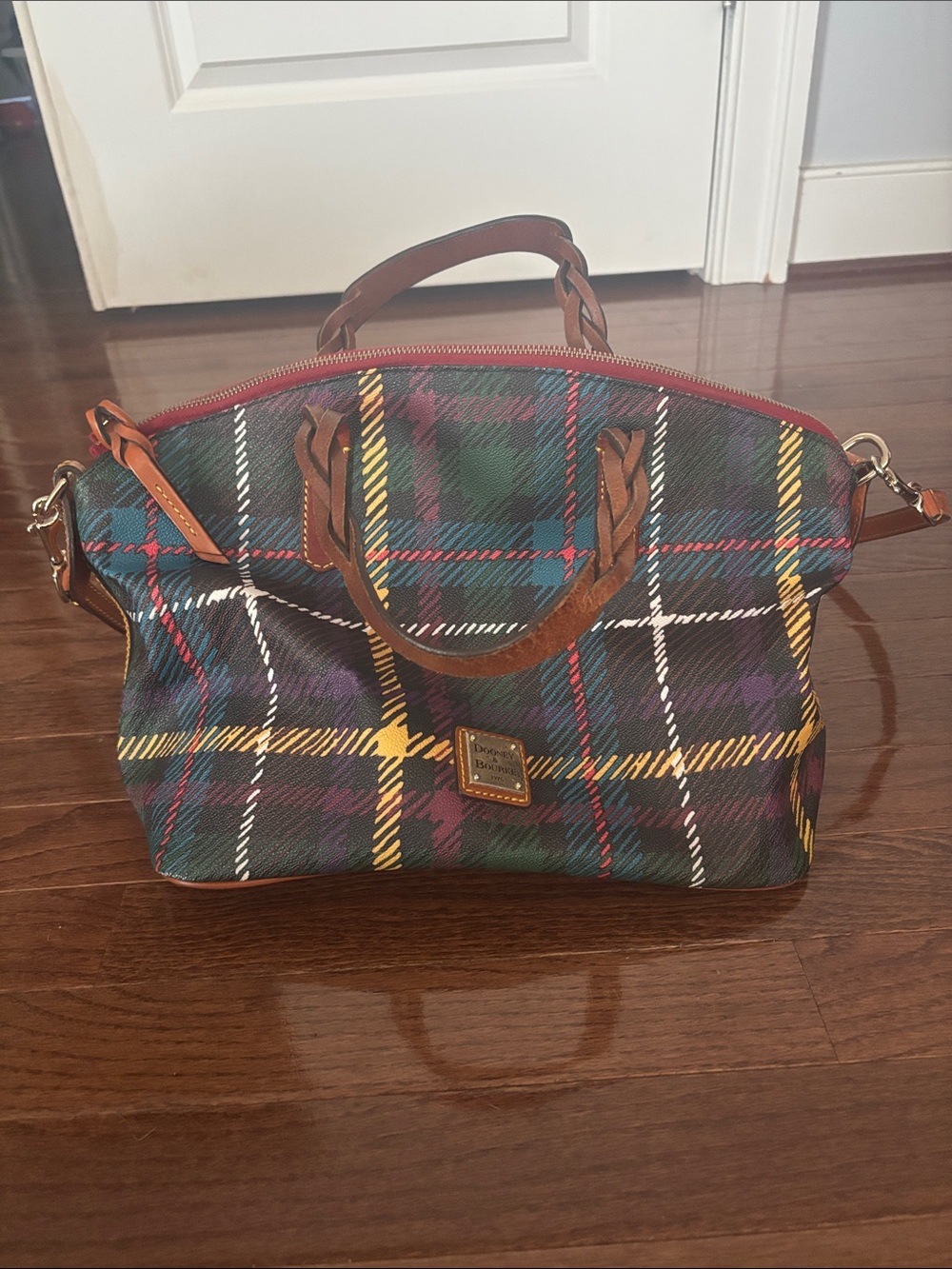 Dooney & Bourke Green Plaid Satchel with Brown Trim and Yellow Accents